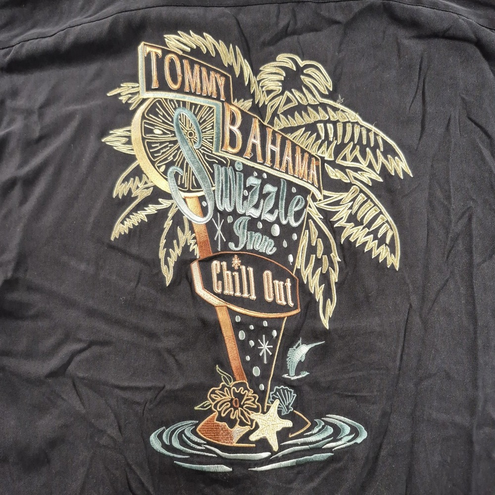 TOMMY BAHAMA IVORY W/EMBROIDERED "TB SWIZZLE INN" 100% SILK HAWAIIAN SHIRT SZ. M